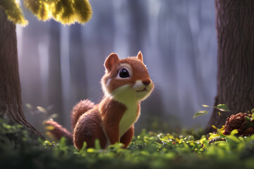 A Cute Fluffy Squirrel On The Forest Floor Basking In Morning Glow, created with generative AI technology