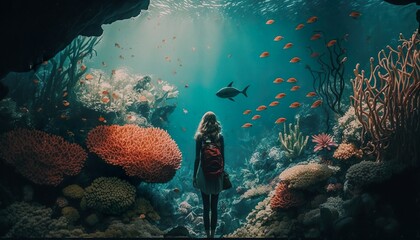 Girl life down by the coral reef unsplash scuba diver and coral reef  Generative AI