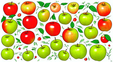 apples pattern background in style of hand drawing new quality universal joyful food botanical stock image illustration wallpaper design, Generative AI