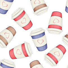 Seamless pattern from paper coffee cups. Vector illustration.