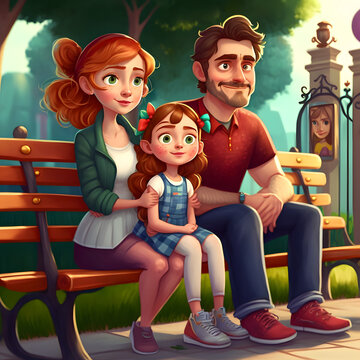  A happy family sitting on a bench in the park