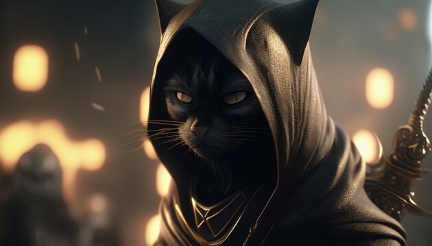 cat assassin digital art illustration, Generative AI