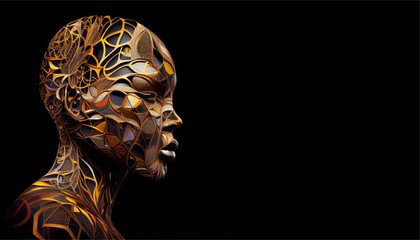 A mannequin face with fractal pattern on black background. Generative AI, Generative, AI