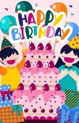 Naklejka na ściany i meble Cartoon birthday party people. Man and woman has birthday party at home. Birthday party decoration with balloon and shoot colorf