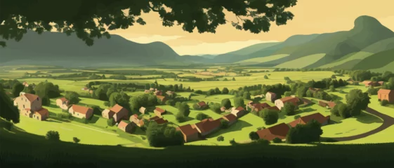  Morning in a village house on a hill and lush grass. Cartoon picture of rural scene in spring or summer, Rural landscapes - agricultural fields, green hills in spring vector Illustration © Павел Кишиков