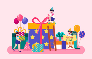 Cartoon birthday party people. Man and woman has birthday party at home. Birthday party decoration with balloon and shoot colorf