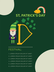Saint Patrick's Day Music Festival vector invitation with harp leprechaun and typography. Flat design for print invite