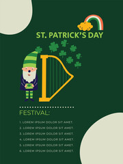 Fototapeta premium Saint Patrick's Day Music Festival vector invitation with harp leprechaun and typography. Flat design for print invite