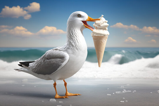 A seagull (Larus argentatus) eats ice cream as a digital illustration (Generative AI)