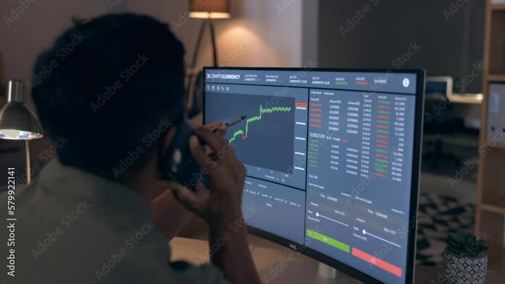 Poster computer screen, cryptocurrency and stock market with man and phone call about stats, forex growth a
