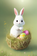 Cute Easter Bunny Rabbit White With Easter Eggs created with generative ai technology