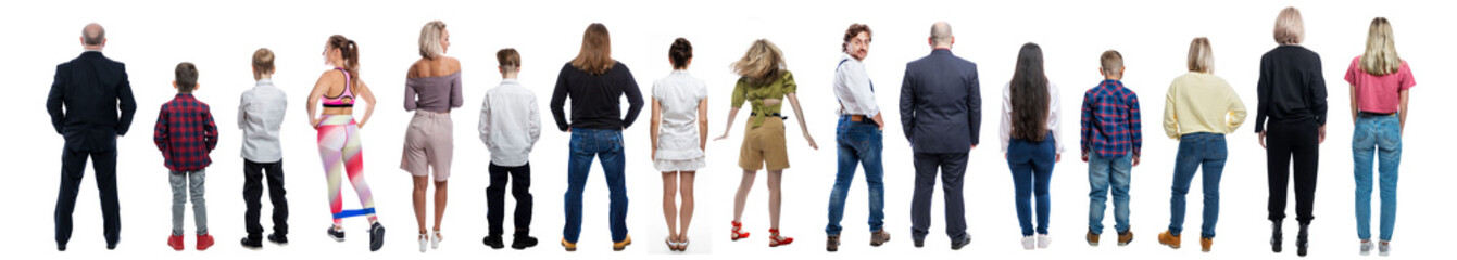 People of different ages in casual clothes are standing. Full height. Sid at the back. Set, collage. Isolated on white background. Panorama format.