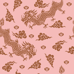 Traditional Japanese, Chinese seamless pattern with Dragon, fan, sakura, clouds, bonsai, sea vawes Abstract art vintage background texture, textile, kimono, cover, paper Vector illustration