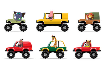 Naklejka premium Animal driver, pets vehicle and elephant, hippopotamus, lion, rhinoceros, giraffe, boar, happy in car.