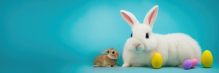 Fototapeta na wymiar A big rabbit and a little bunny rabbit are sitting on a blue background., Generative AI