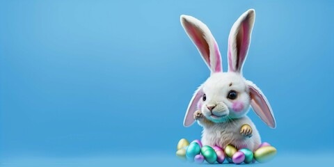 Obraz premium A bunny with 4 ears and easter eggs on blue background, Generative AI
