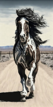 mick jagger as a horse with long hair dancing in the street. In the prairie plains, Generative AI