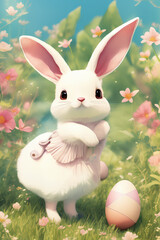 Cute Easter Bunny Rabbit In White, Easter Eggs and Flowers Decoration, created with generative ai technology