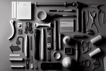 Fototapeta premium vintage tools set on dark brown wooden background and empty notepad. Generative Ai