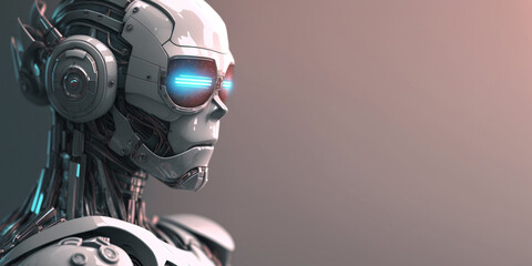 Profile portrait of robot bot ai with connected glasses white background. Synthetic humanoid robot, artificial intelligence.Portrait of gynoid,futuristic cyborg. Banner with space for text, copy space