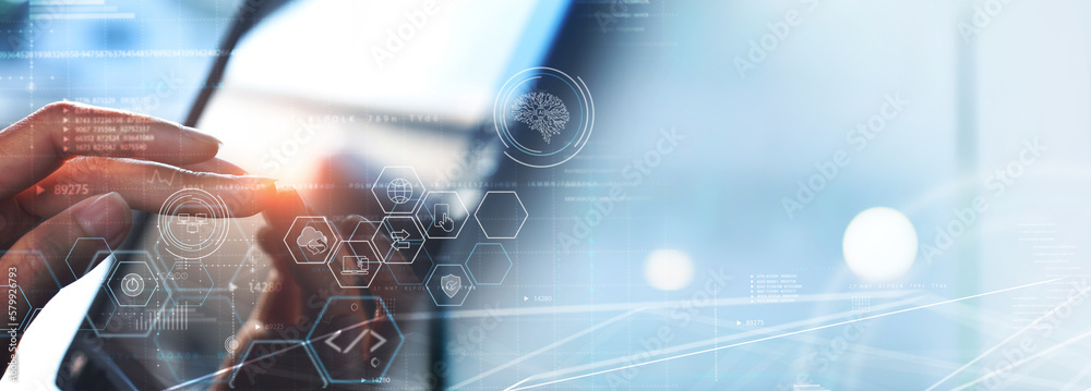Poster data science, digital technology concept. computer science engineer programming on laptop at smart o