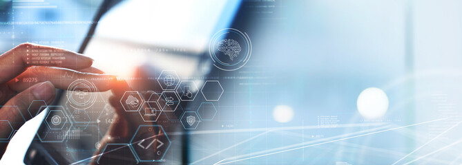 Data science, digital technology concept. Computer science engineer programming on laptop at smart...