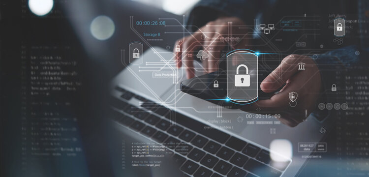 Cyber security network, data protection concept. Businessman using laptop and digital padlock with data protection on internet technology and social network.