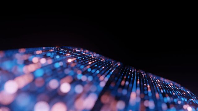 Seamless loop of trailing blur  bokeh lights. Representing binary data transfer or transmitting. Concept of technology, digital computer processing, telecom business background