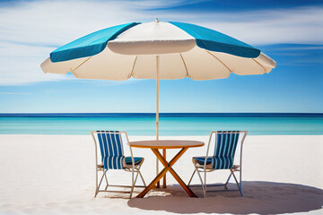 The table set, chairs and umbrella with beach and sky. Summer vacation, holidays concept. Generative AI.