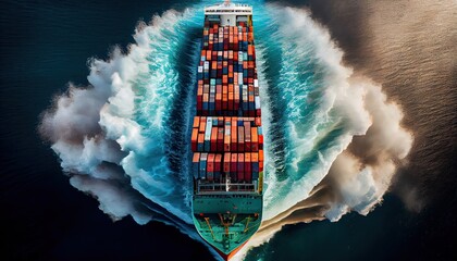 Aerial top  of a container ship traveling for export from a container international port to a bespoke ocean concept freight shipping forwarder with a contrail in the ocean World Mariners Day, 25 June - obrazy, fototapety, plakaty