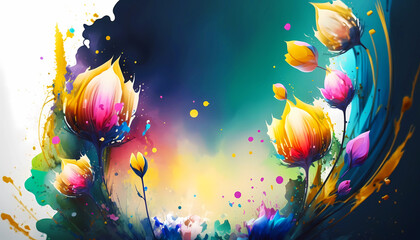 Blooming tulips on a blurred background. Colorful composition. Created with generative AI.