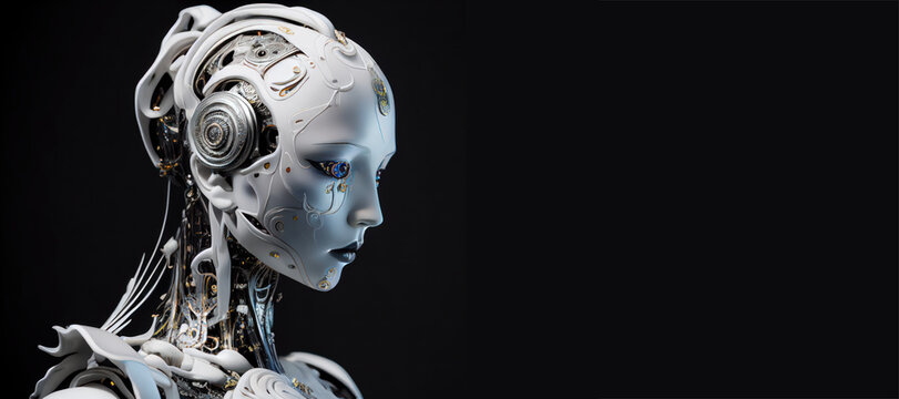Futuristic AI Android robot. Beautiful female woman cyborg banner. Chat GPT Artificial Intelligence. Generative AI.