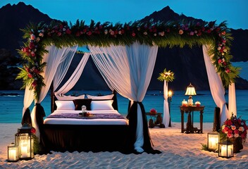 Glamorous romantic bed with intricate details and flowers generative ai