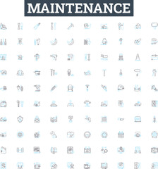 Maintenance vector line icons set. Repairs, Upkeep, Service, Adjustment, Restoration, Overhaul, Checkup illustration outline concept symbols and signs
