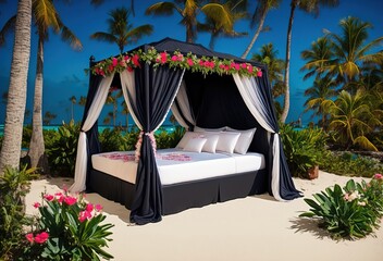 Breathtaking bed with roof on secluded seashore and tropical flowers generative ai