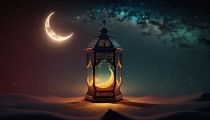 Crescent moon and black starry sky with an Arabic light on the desert at night. Islam, Ramadan Eid. Generative Ai.