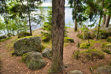 Huge boulders stones in pine forest near fresh blue lake, Park Mon Repos, Vyborg, Russia