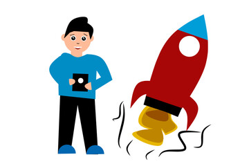 Start Up Business Concept with people object and flying rocket on white background elements. vector illustration.