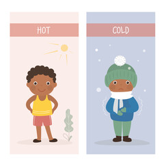 Opposite adjectives explanation cards, HOT and COLD. Word card for language learning. Funny kid boys in summer and winter clothes. Flashcard with antonyms for children, template.