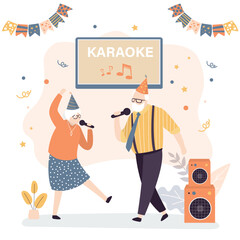 Old people sing song and dancing. Grandmother and grandfather entertainment. Karaoke party. Happy active elderly couple uses mics. Retirement activities concept.