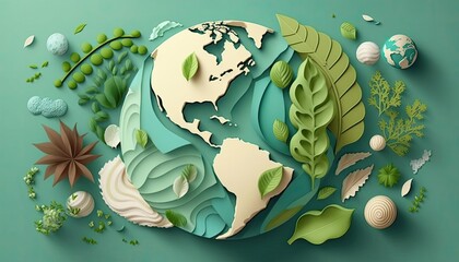 Earth Day: A Vibrant Eye-Catching Background Design Template of Earth in Shape of Beautiful Artistic Eco-friendly products Perfect for Environmental Wildlife Projects (generative AI