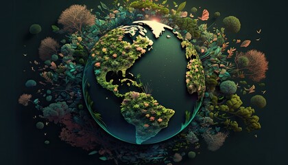 Earth Day: A Vibrant Eye-Catching Background Design Template of Earth in Shape of Beautiful Artistic Ecosystems Perfect for Environmental Wildlife Projects (generative AI