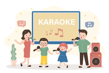People sing song and dancing. Family entertainment, karaoke party. Happy active couple with children uses mics. Parents and kids spending time together.