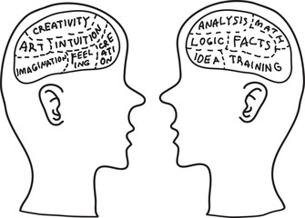head with brain left brain right brain illustration cartoon style