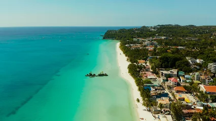 Photo sur Plexiglas Plage blanche de Boracay Tropical white beach with tourists and hotels near the blue sea, aerial view. Summer and travel vacation concept.