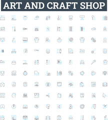 Art and craft shop vector line icons set. Supplies, Materials, Tools, Paints, Brushes, Canvas, Paper illustration outline concept symbols and signs