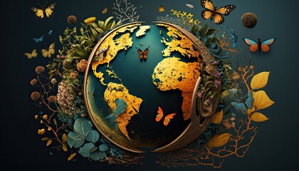 Earth Day: A Vibrant Eye-Catching Background Design Template of Earth in Shape of Beautiful Artistic Plants attract bees butterflies Perfect for Environmental Wildlife Projects (generative AI