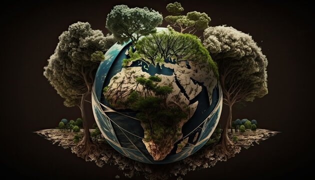 Earth Day: A Vibrant Eye-Catching Background Design Template of Earth in Shape of Beautiful Artistic Plant trees Perfect for Environmental Wildlife Projects (generative AI