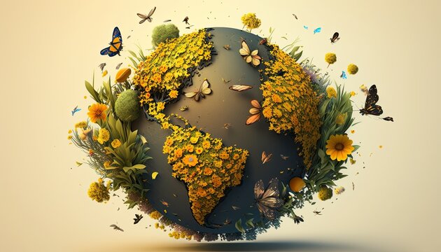 Earth Day: A Vibrant Eye-Catching Background Design Template of Earth in Shape of Beautiful Artistic Plants attract bees butterflies Perfect for Environmental Wildlife Projects (generative AI