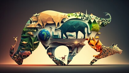 Earth Day: A Vibrant Eye-Catching Background Design Template of Earth in Shape of Beautiful Artistic Animals Perfect for Environmental Wildlife Projects (generative AI